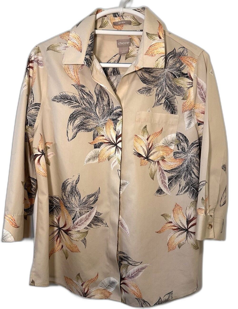 Chico’s Floral Button Front Shirt Size 1 Cotton No Iron Beige Medium